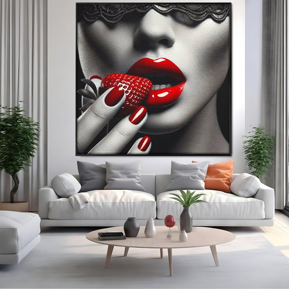 Tablou canvas cu tablou canvas cu buze rosii si capsuna, in rama de aluminiu negru, pe perete intr-un living